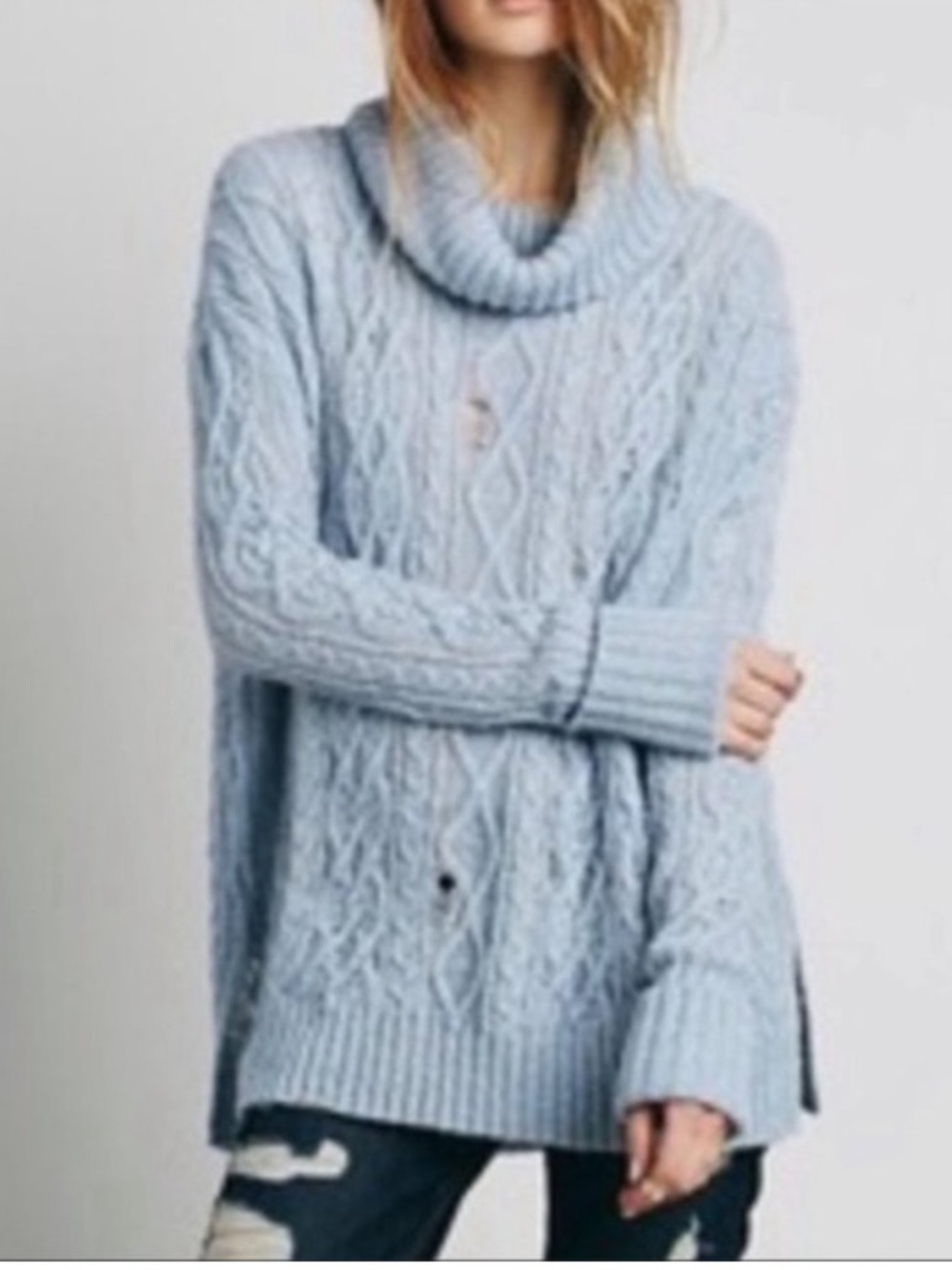 Free People Powder Blue Distressed Oversized Turtleneck Womans Medium